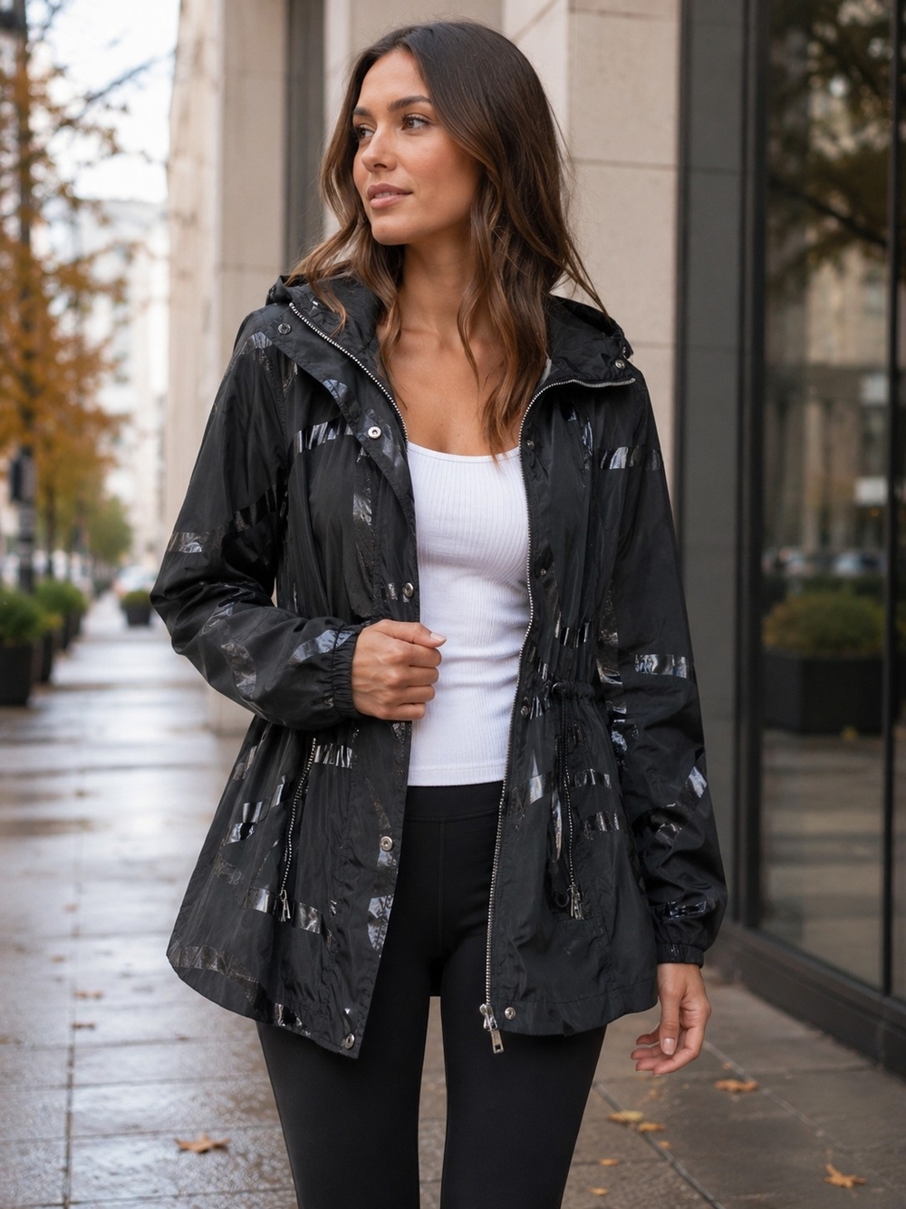 Calvin Klein Womens Black Hooded Jacket Shiny Abstract Print Zip Light Coat
